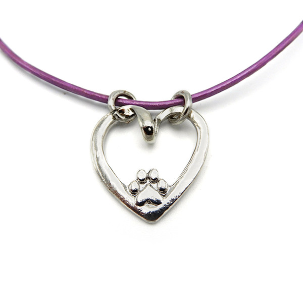 LILO Collections Paw in Heart Skinny Necklace pictured on purple leather cord