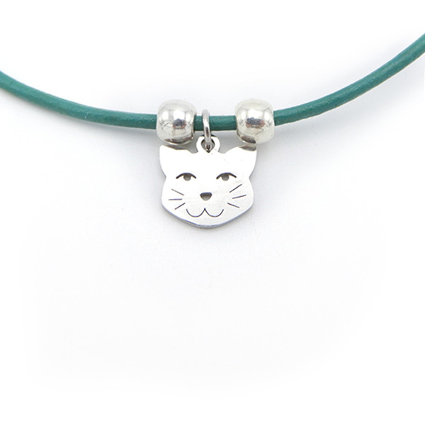 LILO Collections Smiling Cat Skinny leather necklace, on teal cord