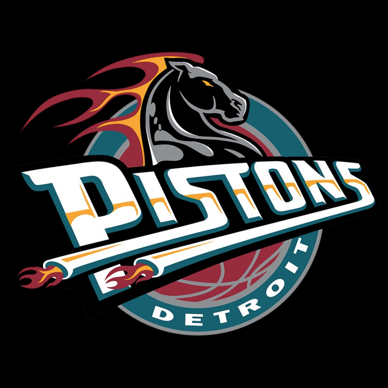 Stylized Detroit Pistons logo featuring a black horse with flames behind it, basketball imagery, and large “PISTONS” lettering in white, teal, red, and yellow on a black background.