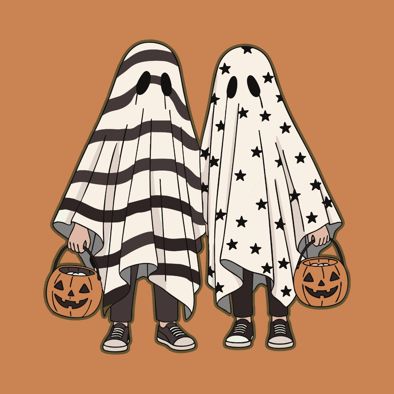 Cartoon illustration of two children dressed as ghosts for Halloween, carrying orange jack-o’-lantern candy buckets. One ghost costume has black stripes and the other has black stars, set against a warm brown background.