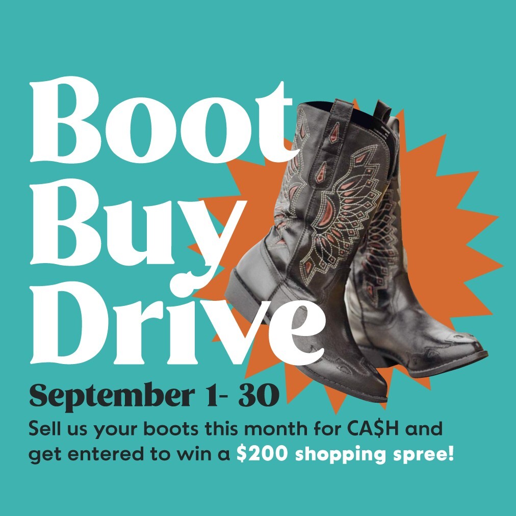 a pair of boots with the words boot buy drive - sell your boots for cash and get get entered to win a $200 shopping spree
