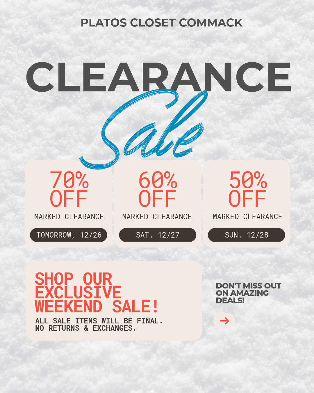 70/60/50 Clearance Starts Friday Dec 26