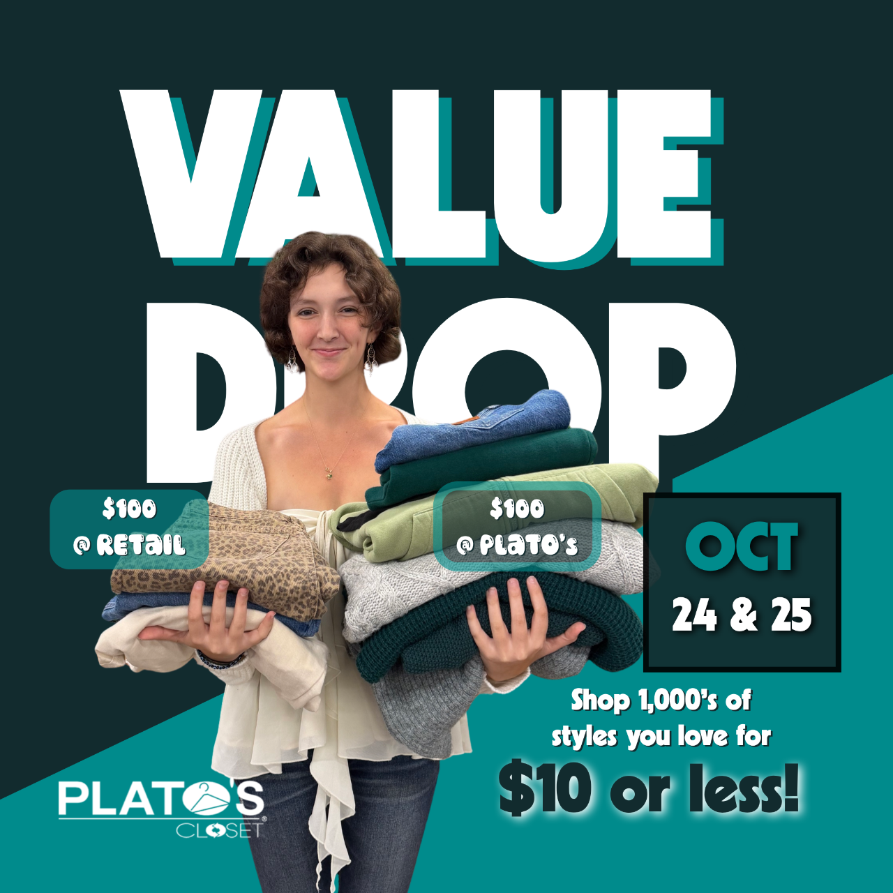 Shop 1,000's of items for $10 or less during Plato's Closet in Flint Michigan's Value Drop on 10/24 & 10/25