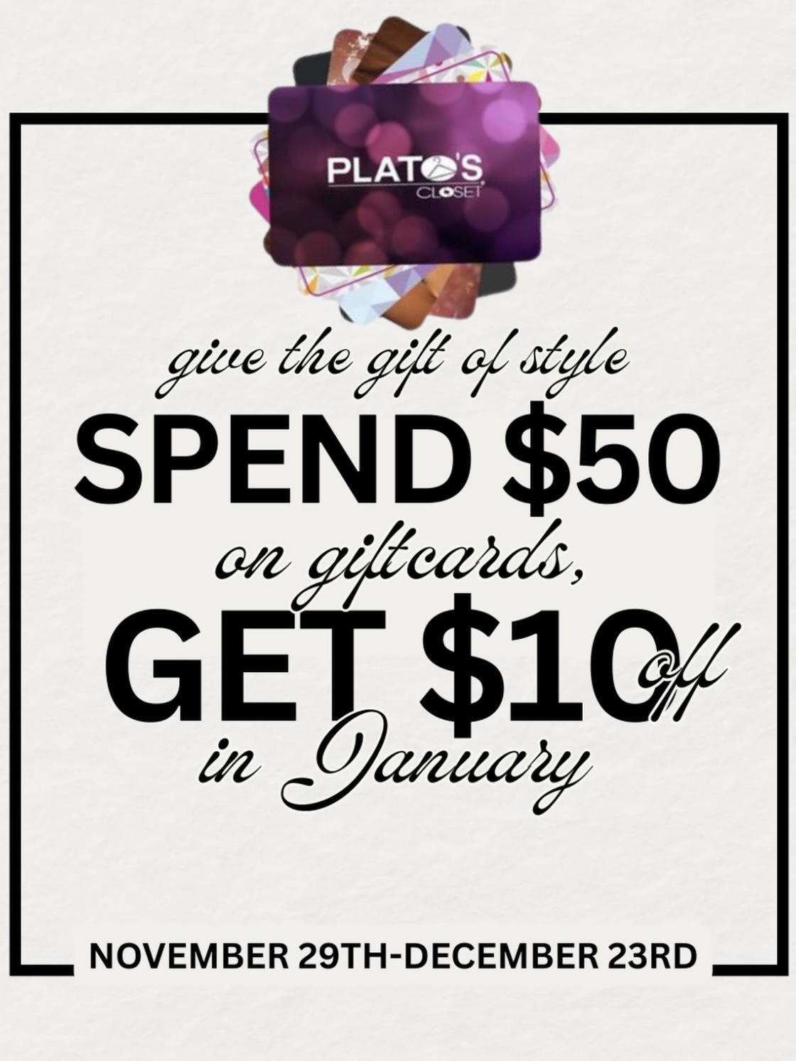 Thank You for Shopping Local! We couldn’t do what we love without YOU! Get A $10 Off Coupon To Use In Jan. When You Spend $50 On Giftcards-- Now- Dec. 23rd.