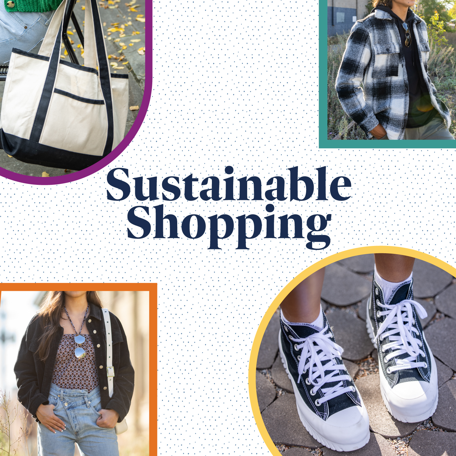 4 images of accessories in the corner of a square picture with text in the middle saying 