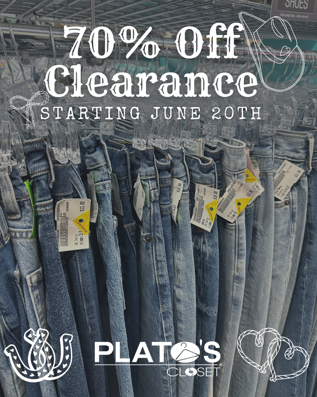 Shorts hanging on the store racks with the tags visible that have clearance stickers on them. Text over image saying