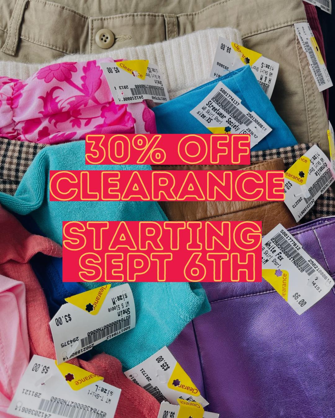 Clearanced items laid on a white background with text on image saying