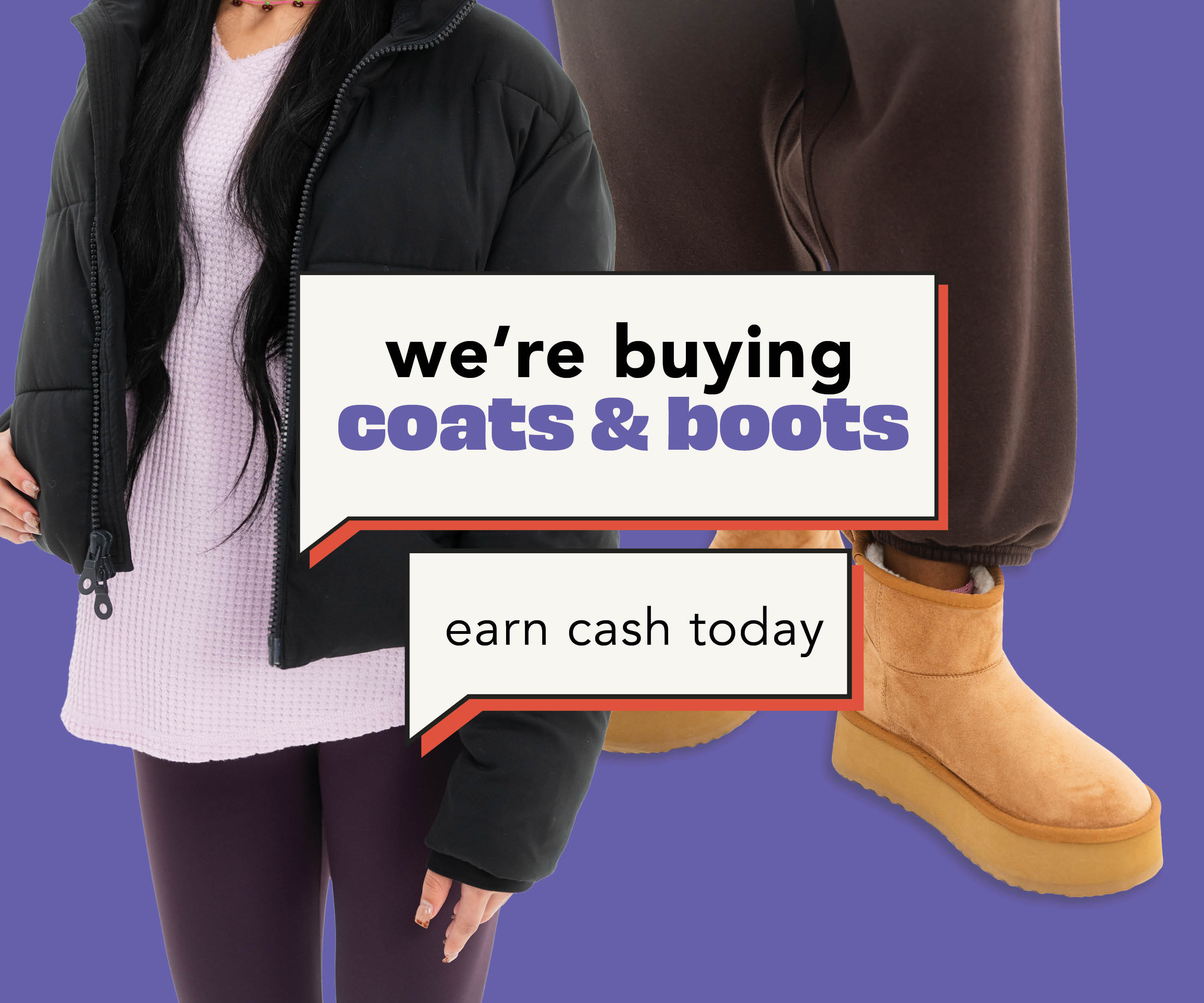 purple background with image of womens jacket and boots