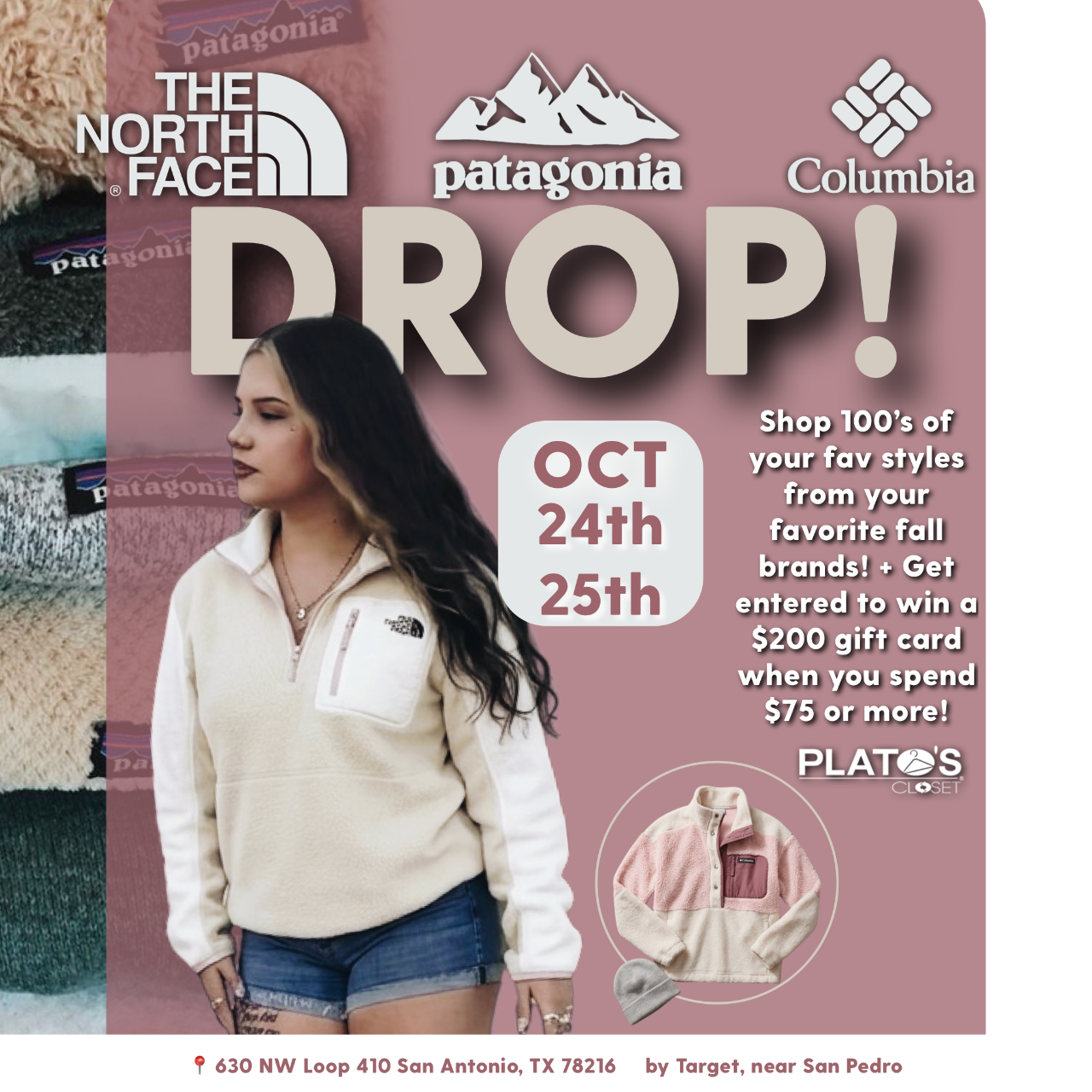 Shop 1,000's of boots jackets and other fall styles from North Face, Patagonia and Columbia hitting the floor all day every day on 10/24 & 10/25 at Plato's Closet in San Antonio Texas by the North Star Mall!