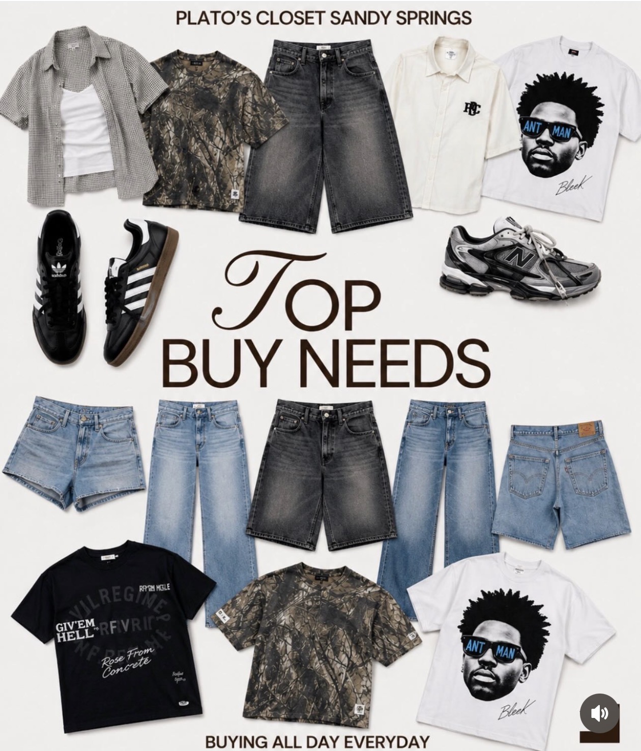 Graphic showing current buy needs for men icluding athletic wear, graphic t-shirts, denim, pants, and sneakers.