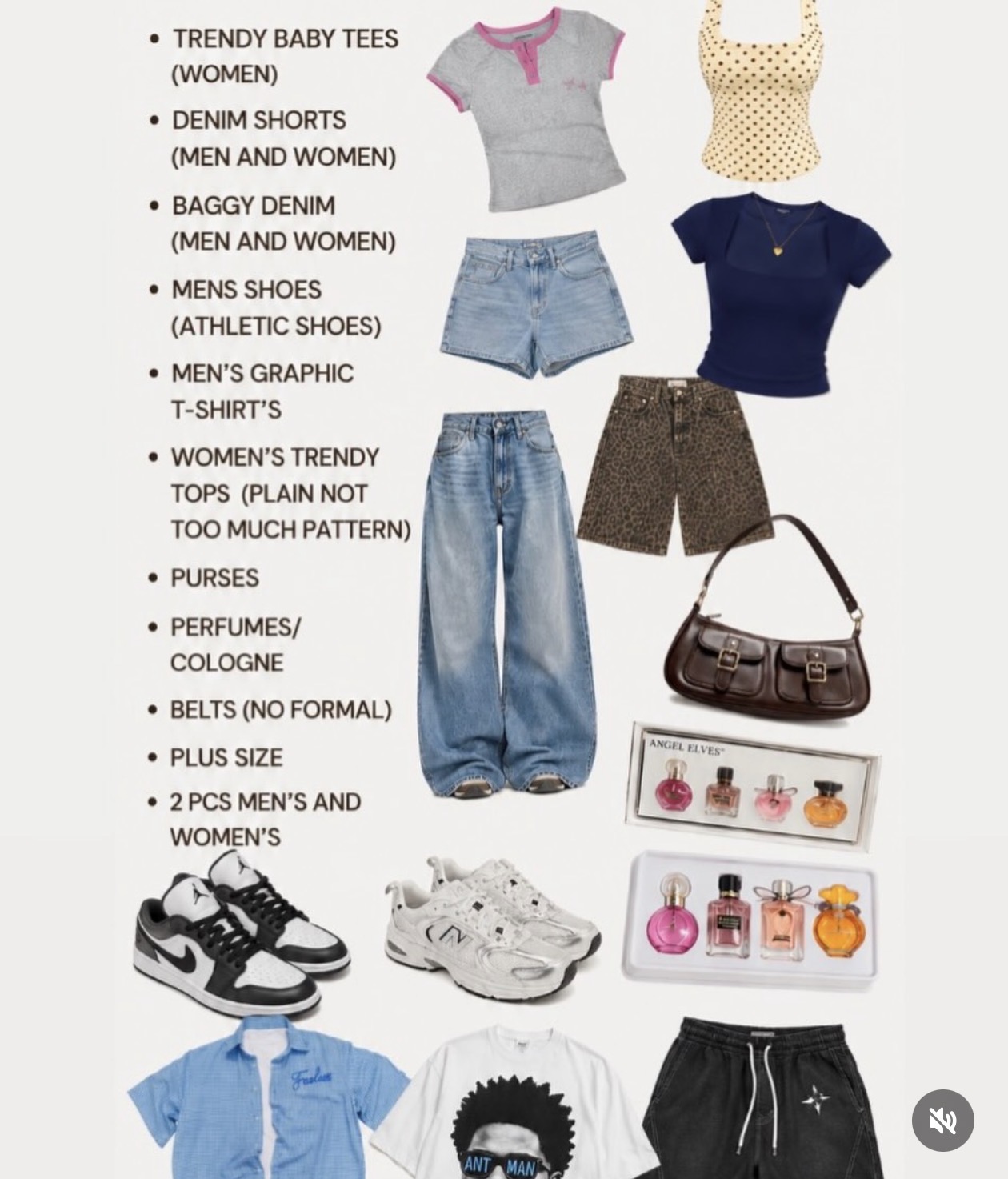 Graphic showing current buy needs for women including athletic wear, t-shirts, dresses, sneakers, purses, designer bags, spring/summer sets, and plus size