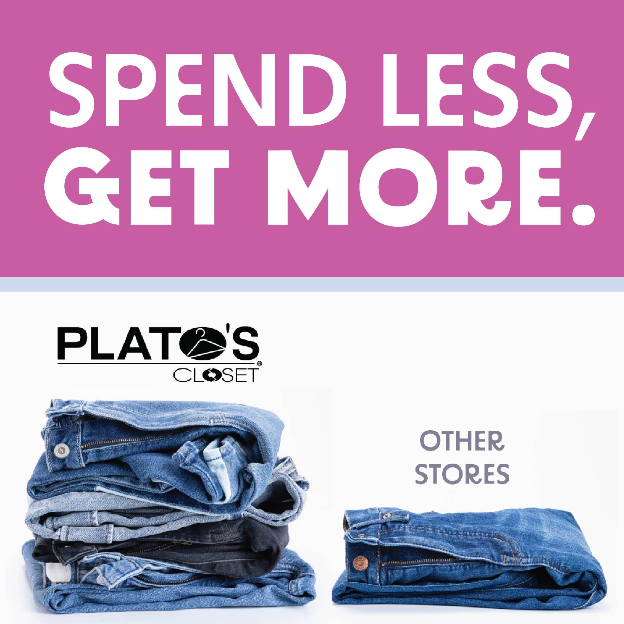 the words spend less, get more  with two piles of folded jeans