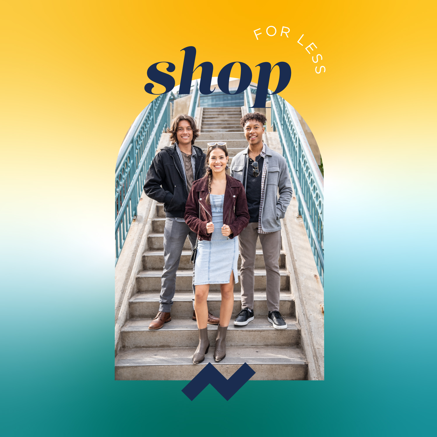 Yellow and teal background with an image of 3 teens in the centre, posing and smiling. The words 