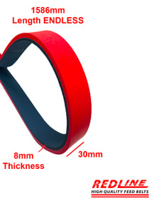 RED LINE Feed Belt for Sugano Folder Gluer Machine , size 8mm x 30mm x 1586mm LONG-NO HOLES-ENDLESS