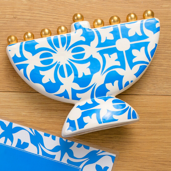 Moroccan Tile design Ceramic Hanukkah Menorah in light blue 