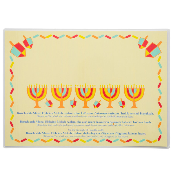 Hanukkah blessings menorah and dreidels icons blue and yellow laminated drip mat set of 2