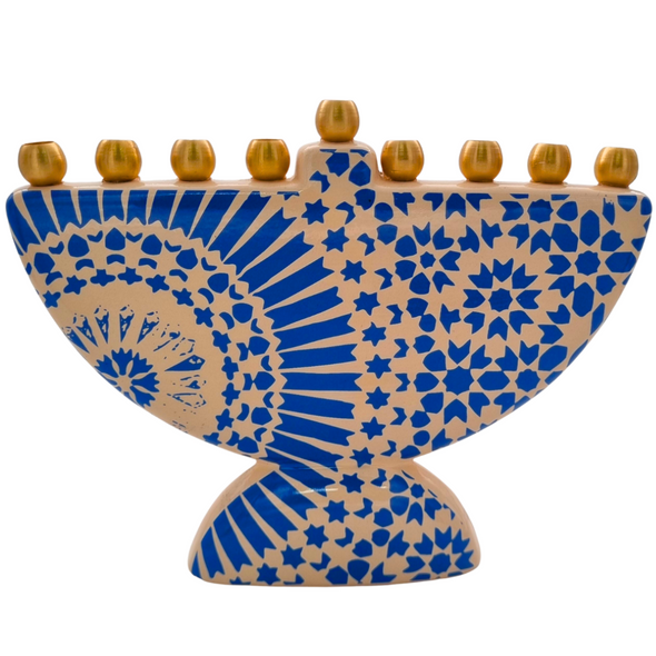 Jerusalem pattern light blue Porcelain Hanukkah menorah with original brass cups 