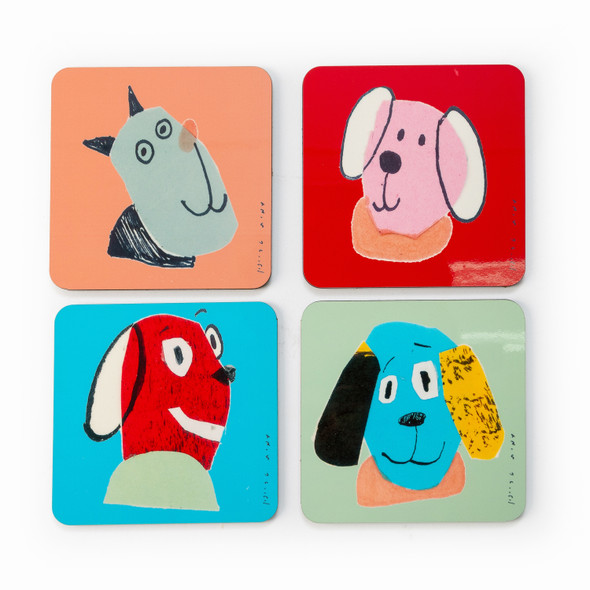 Dog's life colorful wooden coasters set of 4 unique dog illustrations 