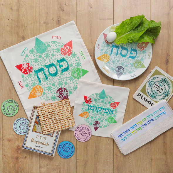 Aqua Bloom Rainbow Droplets Design Passover Seder Bundle  