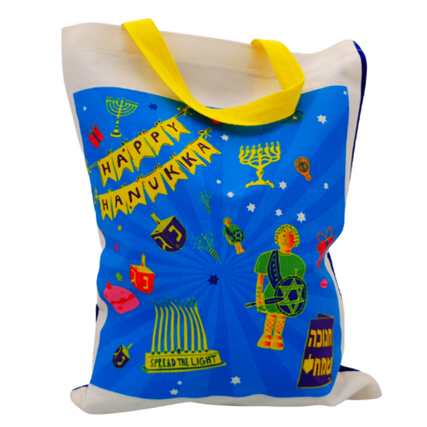 Hanukkah Gift Bag with Fun Dreidel and Menorah Icons Reusable Sturdy Cotton Bag with Handles
