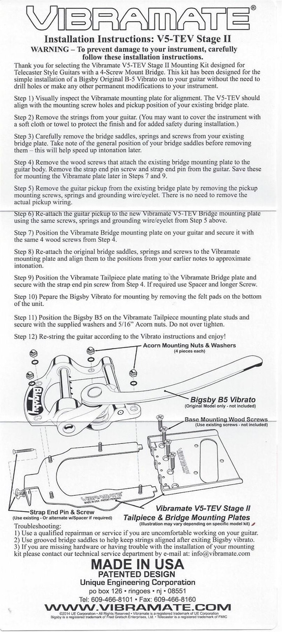 Vibramate V5-TEV-2-S Telecaster mounting kit for Bigsby B5 tremolo