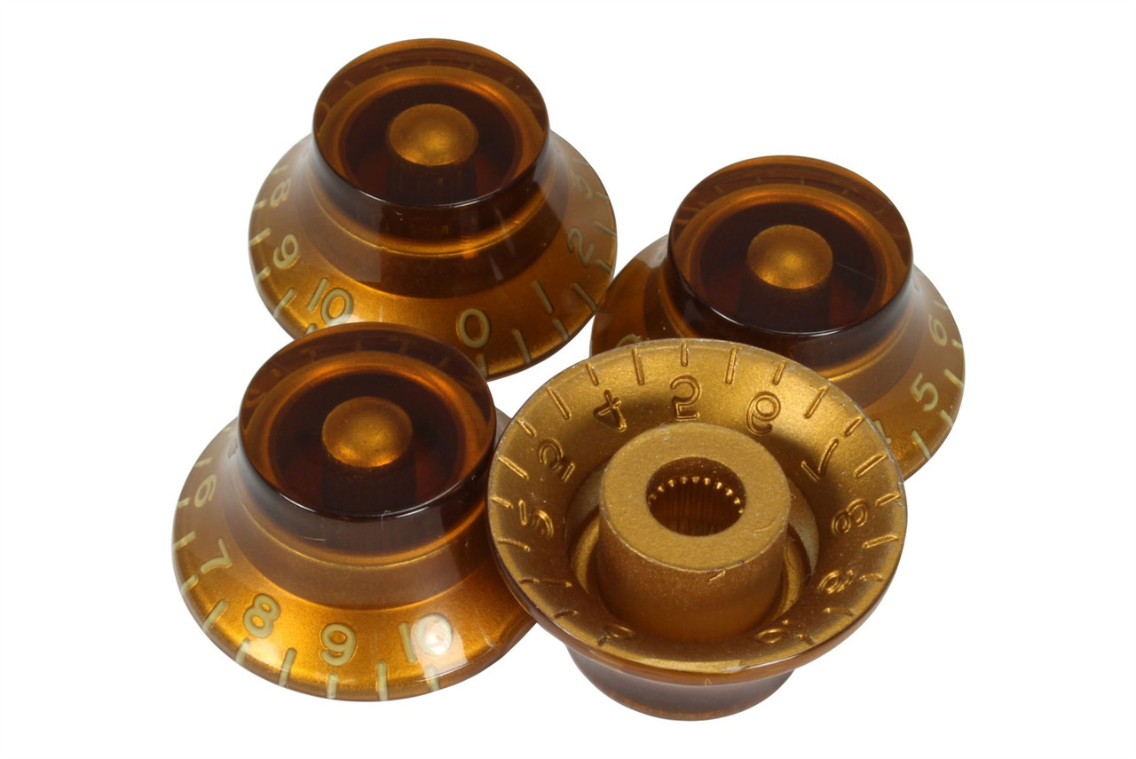 Vintage Bell Hat Knobs with embossed numbers US Set of 4 Amber