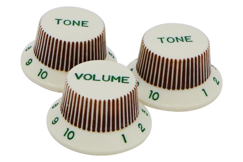 Hosco Heavy Relic 60's Strat knob set - Aged White w/ oxidized green numbers