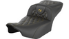 Saddlemen Extended Reach Carbon Fiber Roadsofa Seat (without driver backrest) for '24-Up Harley Davidson Road Glide, Street Glide and '23-25 CVO FLTRSE, CVO FLHXSE Models - Gold Lattice Stitch 