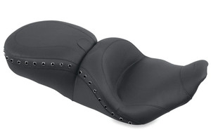 Mustang One-Piece LowDown Seat with Driver Backrest Receiver for '97-07 Harley Davidson Touring Models - Smooth Black Pearl Centered Studs