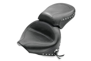 Mustang Wide Touring Two-Piece Seat for Yamaha V-Star 1100 Classic 2000-'11, V-Star 1100 Silverado 2002-'11, Chrome Studded, Black with Conchos