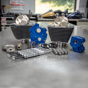 S&S Cycle Big Bore Kit Power Package 124 inch CI Oil Cooled with Highlighted Fins, Gear Drive Cam for 107 inch Harley-Davidson M8 - Chrome Pushrod Tubes