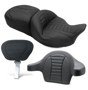 Mustang Extended Reach Super Touring Deluxe One-Piece Seat w/ Driver Backrest and Wrap Around TourPak Backrest for '14-Up Harley-Davidson Touring - Black/Black Stitching (Not for '24-Up FLHX/FLTR Models)