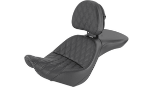 Saddlemen Explorer Seat with Rider Backrest for Harley Davidson '06-09 FXST/B/S Standard, '07-17 FLSTF/B/S Fatboy - Lattice Stitched - Black