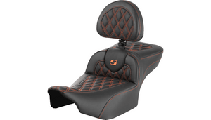 Saddlemen Extended Roadsofa Lattice Stitch Seat with Backrest for '24-Up Harley Davidson Street Glide, Road Glide and '23-24 CVO FLHXSE, CVO FLTRSE - Orange Stitching