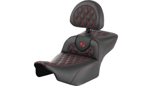 Saddlemen Extended Roadsofa Lattice Stitch Seat with Backrest for '24-Up Harley Davidson Street Glide, Road Glide and '23-24 CVO FLHXSE, CVO FLTRSE - Red Stitching