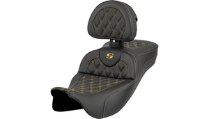 Saddlemen Extended Roadsofa Lattice Stitch Seat with Backrest for '24-Up Harley Davidson Street Glide, Road Glide and '23-24 CVO FLHXSE, CVO FLTRSE - Gold Stitching 