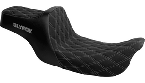SlyFox High Noon Seat for '06-17 Harley Davidson Dyna FXD/FLD - Double Diamond - Silver Logo - Silver Stitch