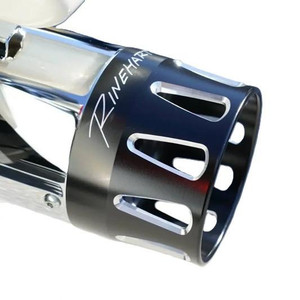 CLEARANCE Rinehart MotoPro45 4.5 inch Slip On Mufflers for '17-Up Harley Davidson Touring Models - Chrome w/ Black Merge End Caps (ONE SET IN STOCK)