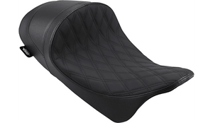 CLEARANCE Drag Specialties EZ-ON Mount Lo Profile Solo Seat with Forward Positioning for '08-Up Harley Davidson Touring - Solar Reflective Leather Double Diamond Black Thread (Not for '24-Up FLHX/FLTR Models)