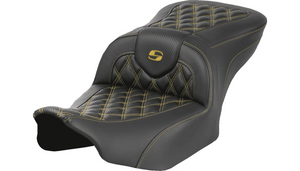 Saddlemen Carbon Fiber Roadsofa Seat (without driver backrest) for '24-Up Harley Davidson Road Glide, Street Glide and '23-25 CVO FLTRSE, CVO FLHXSE Models - Gold Lattice Stitch 