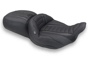 Mustang Extended Reach Super Touring One Piece 2-Up Seat for '24-Up Harley Davidon Road Glide, Street Glide and '23 Up CVO FLTRSE, CVO FLHXSE Models - Black Deluxe Stitching 