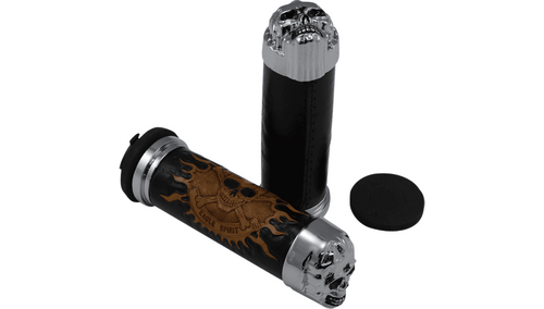 Drag Specialties Skull Grips for '84-21 Harley Davidson Models (Except '08-11 Dressers & Air-Assisted Forks) with Plain Eyes (See Fitment)