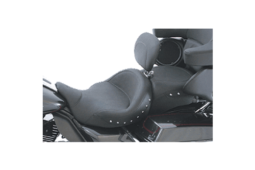 Mustang Seats One-Piece Super Touring Seat with Driver Backrest for Harley Davidson Touring Models 2008-Up -Chrome Studs (Not for '24-Up FLHX/FLTR Models)