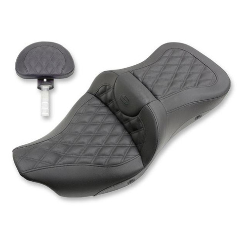 Saddlemen Extended Reach Heated Road Sofa LS Seat with Driver Backrest for Harley Davidson Touring Models '08-Up - Lattice Stitch (Not for '24-Up FLHX/FLTR Models)