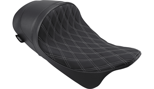 Drag Specialties EZ-ON Mount Lo Profile Solo Seat with Forward Positioning for '08-Up Harley Davidson Touring - Solar Reflective Leather Double Diamond Silver Thread (Not for '24-Up FLHX/FLTR Models)