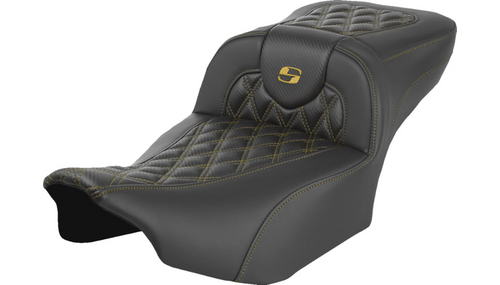 Saddlemen Extended Reach Carbon Fiber Roadsofa Seat (without driver backrest) for '24-Up Harley Davidson Road Glide, Street Glide and '23-25 CVO FLTRSE, CVO FLHXSE Models - Gold Lattice Stitch 