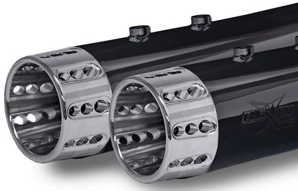 Black RCX slip-on mufflers with chrome exhaust tips