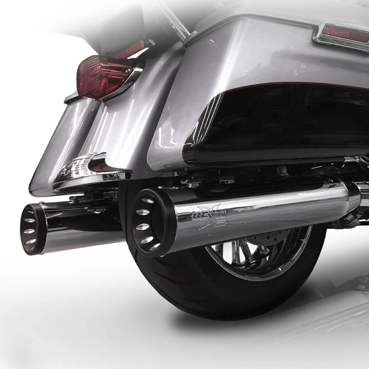 Chrome RCX 4.5-inch slip-on mufflers on a Touring motorcycle