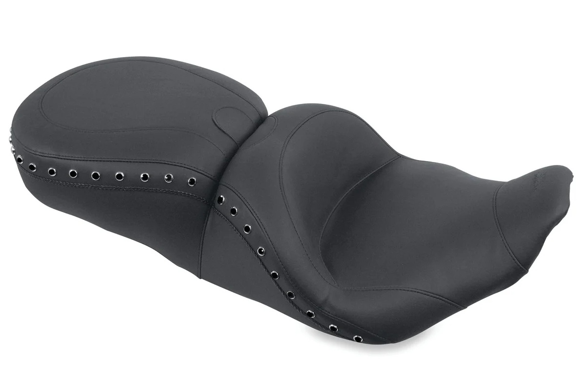Mustang One-Piece LowDown Seat with Driver Backrest Receiver for '97-07 Harley Davidson Touring Models - Smooth Black Pearl Centered Studs