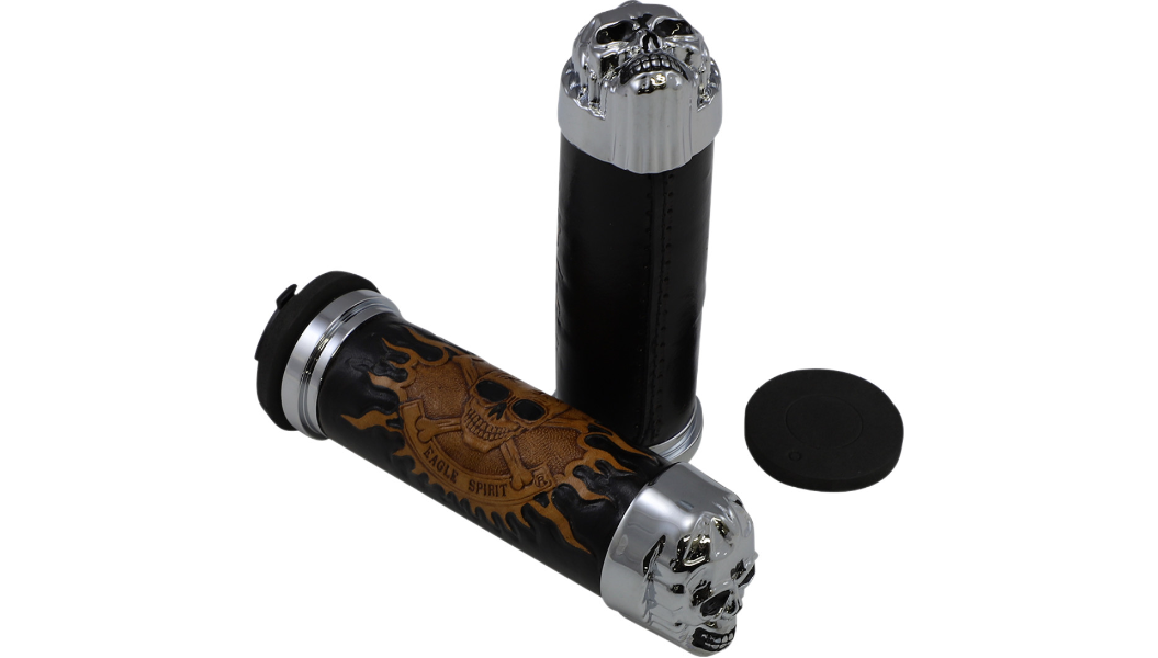Drag Specialties Skull Grips for '84-21 Harley Davidson Models (Except '08-11 Dressers & Air-Assisted Forks) with Plain Eyes (See Fitment)